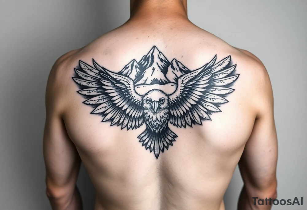 majestic eagle spreading wings against mountain peaks tattoo idea