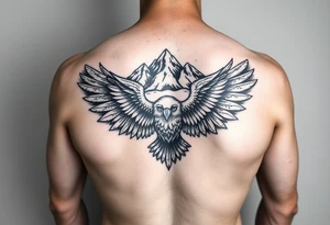 majestic eagle spreading wings against mountain peaks tattoo idea