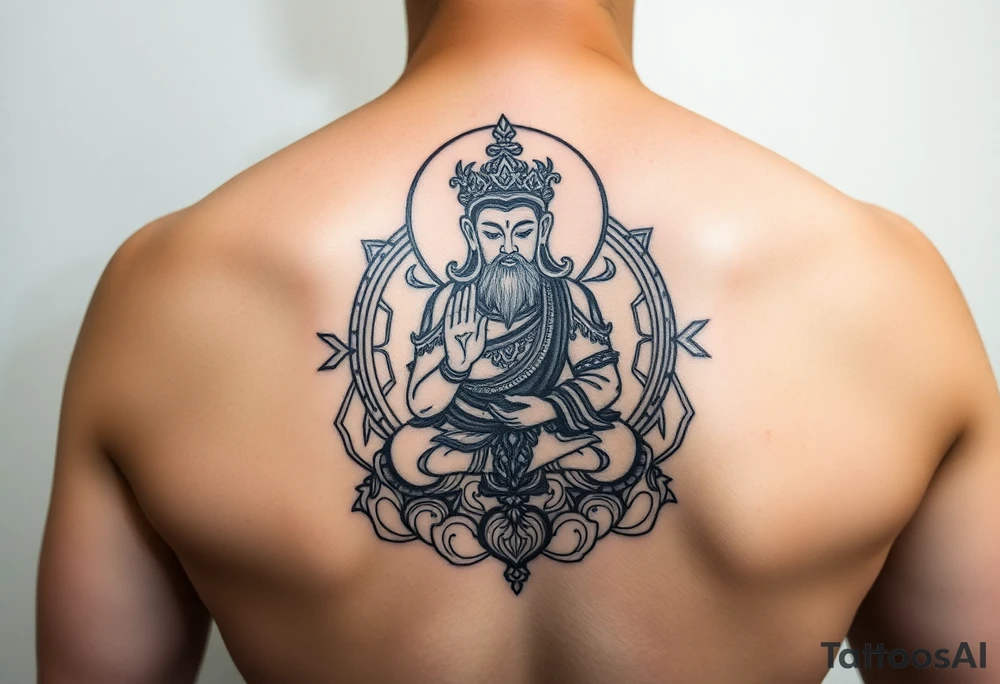 "Tibetan thangka tattoo but deity is a crypto. Geometric patterns, black/red ink." tattoo idea