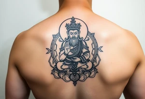 "Tibetan thangka tattoo but deity is a crypto. Geometric patterns, black/red ink." tattoo idea