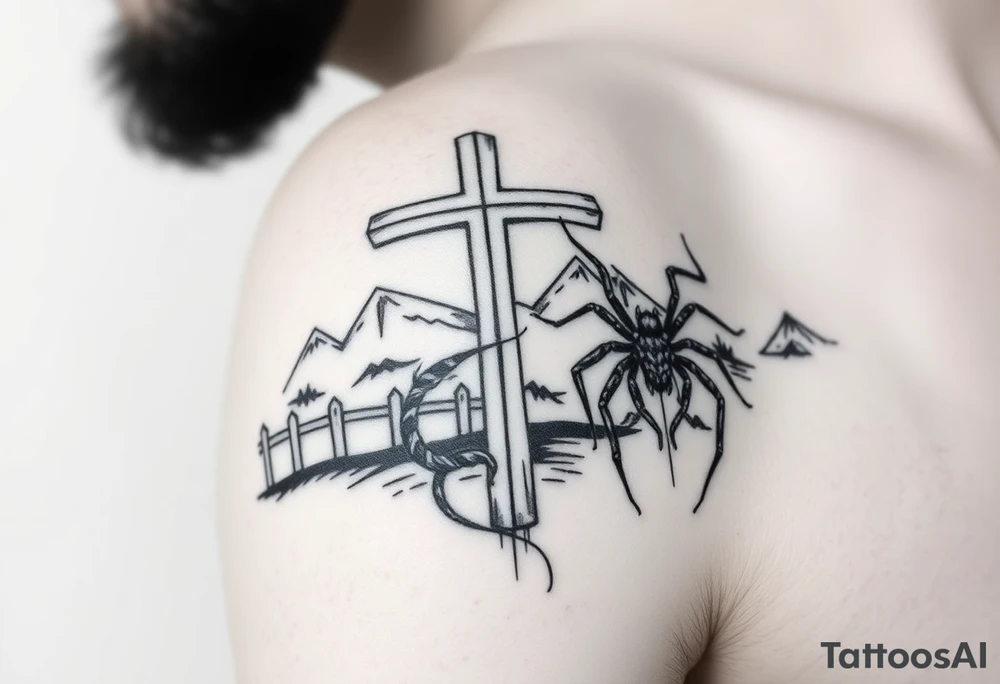 a cross surrounded by a fence with mountains in the background. A daddy long-leg spider climbing up the arm. native American tribal insignia wrapping around the arm. also add two bible versus  that will go under the cross. add a small amount of Irish Celtic designs. tattoo idea