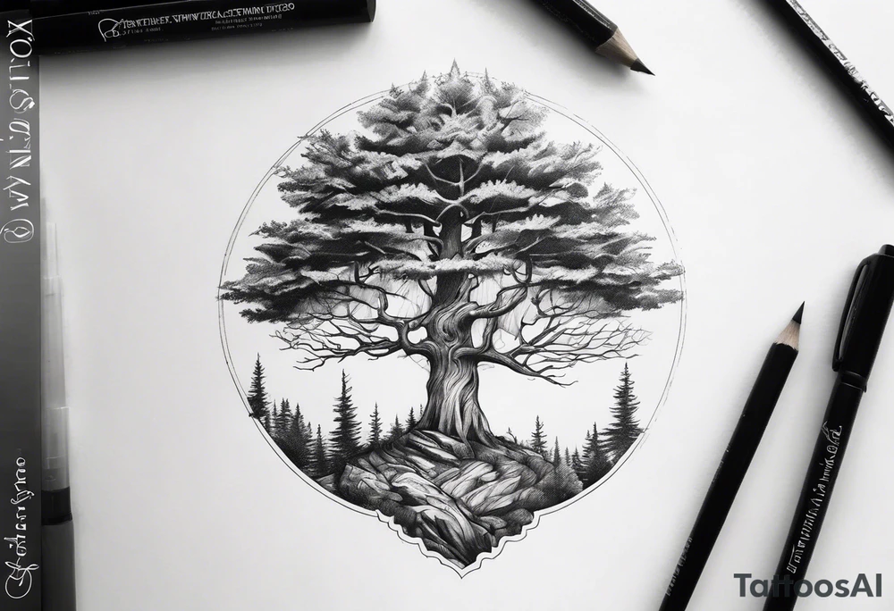 Small dainty detailed forest tree tattoo idea