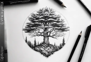Small dainty detailed forest tree tattoo idea