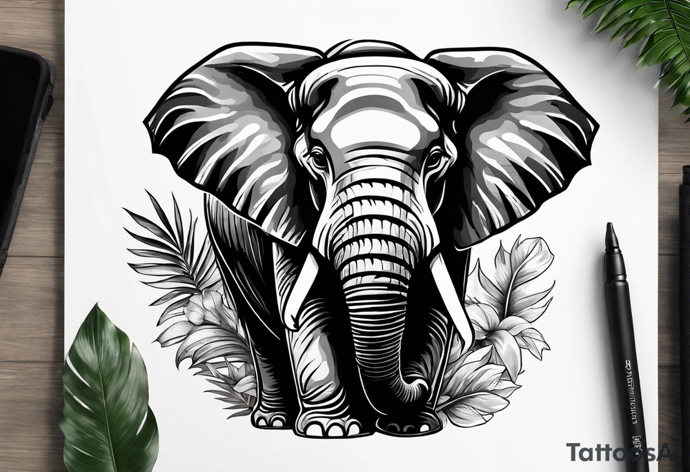 “A majestic elephant with its trunk raised, surrounded by tropical foliage, symbolizing memory and strength tattoo idea