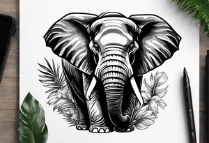 “A majestic elephant with its trunk raised, surrounded by tropical foliage, symbolizing memory and strength tattoo idea