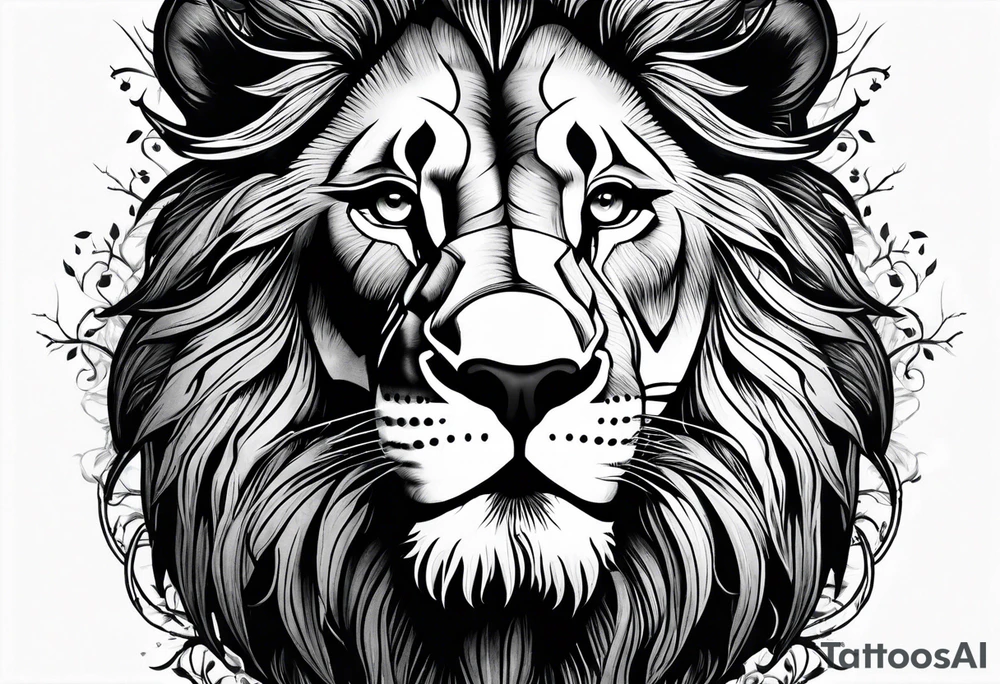 realistic lions face transposed into a dark forest tattoo idea