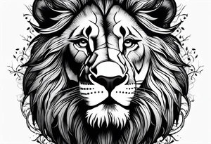 realistic lions face transposed into a dark forest tattoo idea