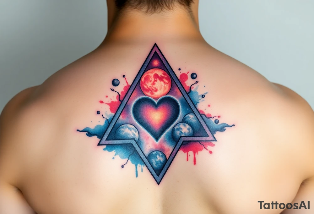 A single triangle with a heart in the center with planets and galaxy in background tattoo idea