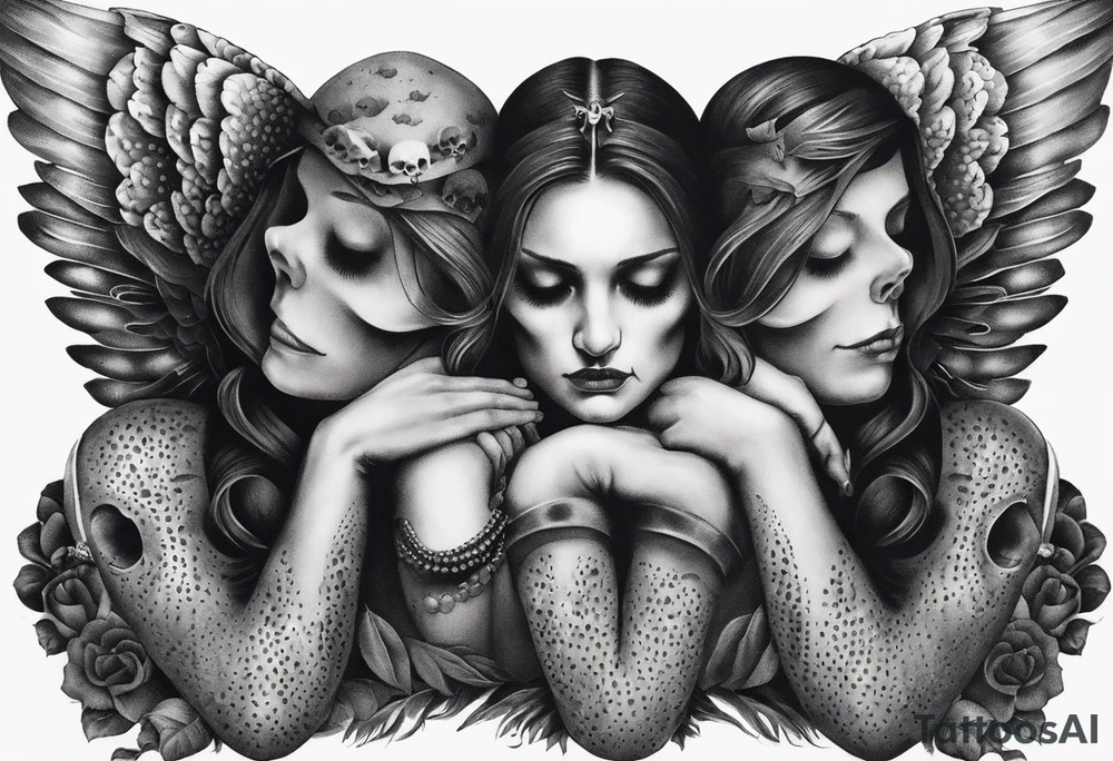 See no evil hear no evil speak no evil  skulls go down the back with angel wings wrapped around the skulls tattoo idea
