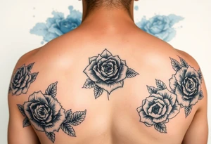 Black and white roses and carnations with blue watercolour behind small and  feminine tattoo idea