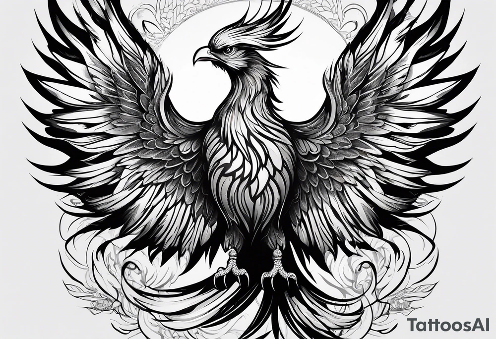 Tattoo: A powerful, majestic phoenix, depicted mid-flight or rising, with wings extended and feathers flowing. Deep shading and intricate details to bring out the texture and motion of the feathers. tattoo idea