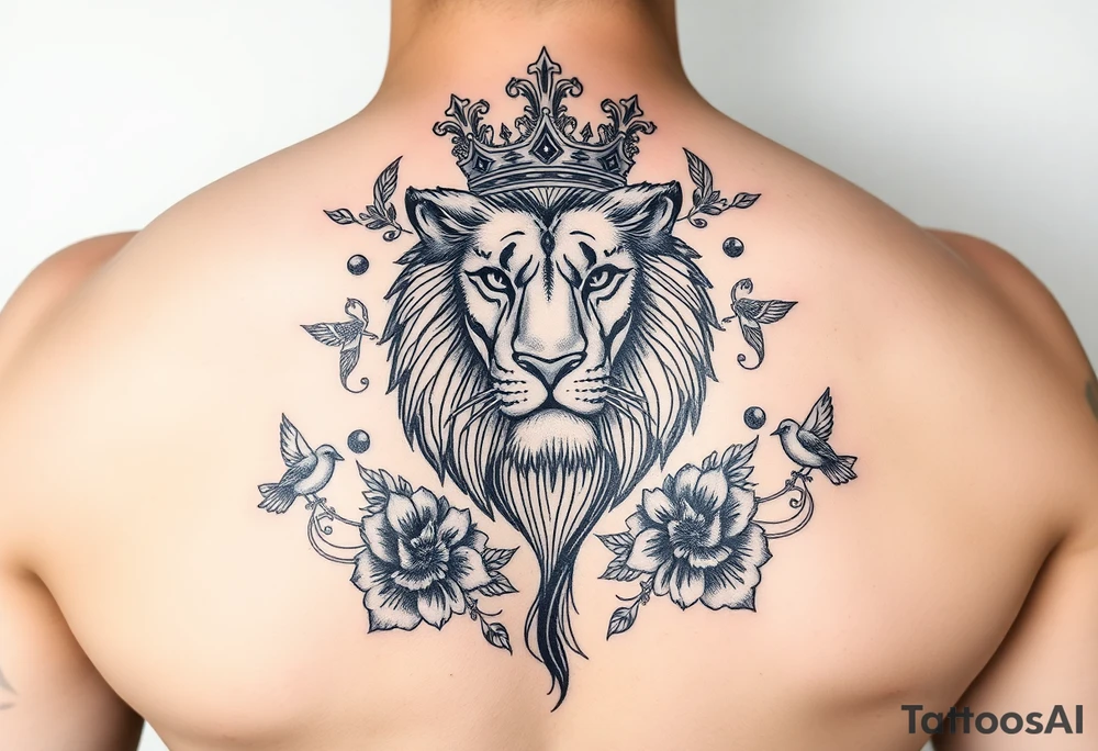 powerful majestic lion with a crown, surrounded by floral ornaments and birds tattoo idea