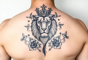 powerful majestic lion with a crown, surrounded by floral ornaments and birds tattoo idea