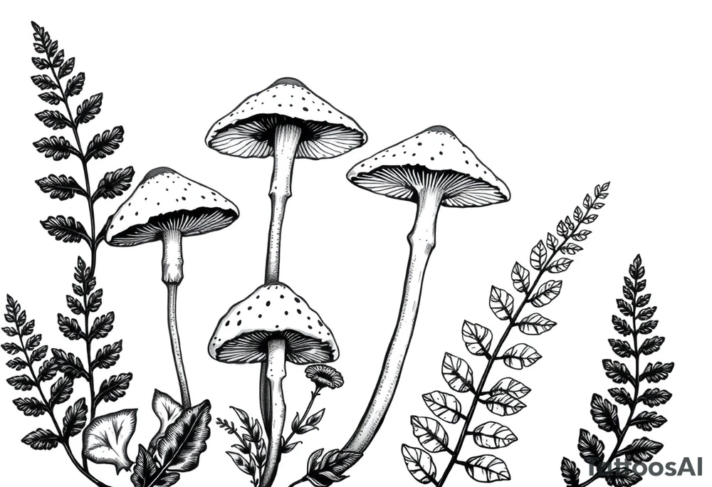 Vintage illustration neo traditional style mushrooms and ferns tattoo idea