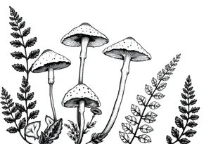Vintage illustration neo traditional style mushrooms and ferns tattoo idea