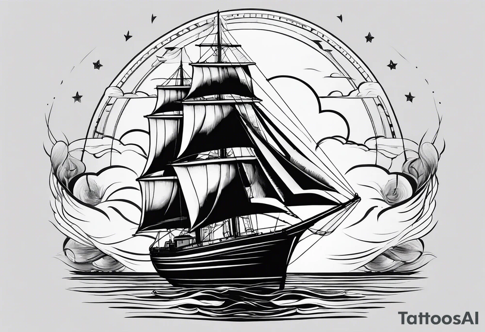 sailboat seen from the front. sail in the shape of a maritime lighthouse.phoenix drawn on the sail. tattoo idea