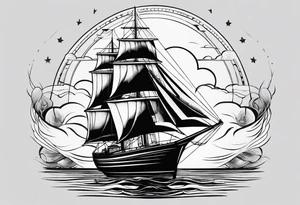 sailboat seen from the front. sail in the shape of a maritime lighthouse.phoenix drawn on the sail. tattoo idea