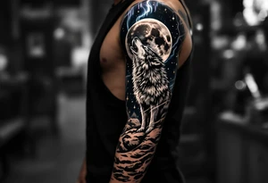 lone wolf howling at full moon with northern lights backdrop tattoo idea