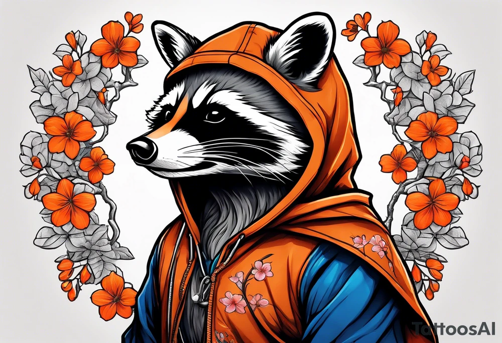 raccoon wearing a Superman hoodie with orange Japanese cherry blossoms tattoo idea