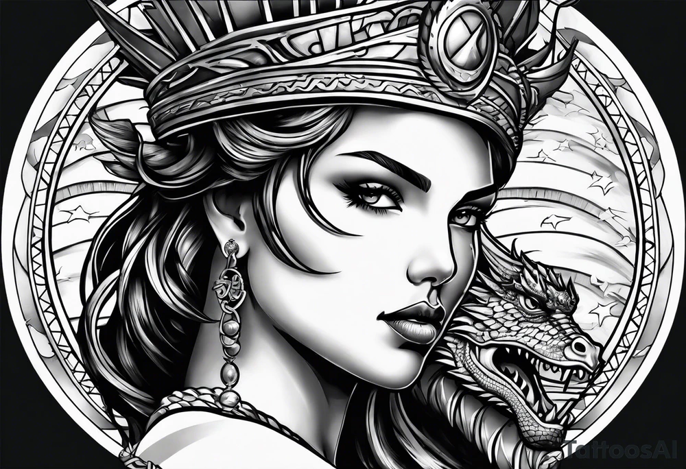 Hot girl as Statue of Liberty with dragon wrapped around neck tattoo idea