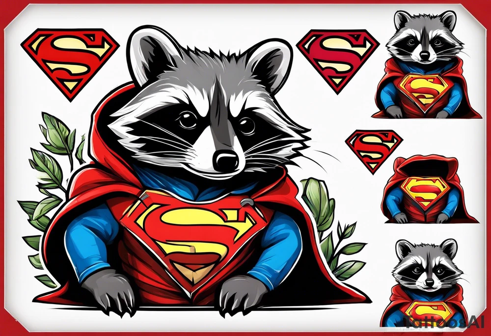 raccoon wearing a Superman hoodie tattoo idea