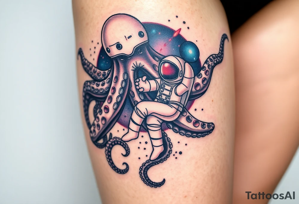 Deep sea kraken octopus, grabbing a astronaut with a space theme background tattoo idea