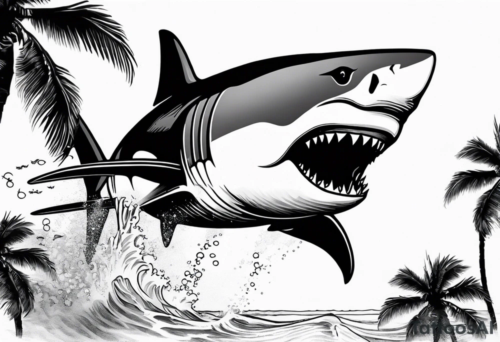 Great white shark, hurricane, palm trees, dollar signs tattoo idea