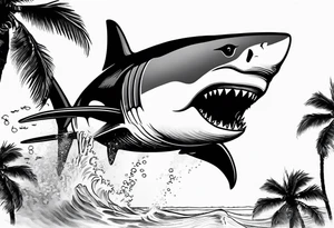 Great white shark, hurricane, palm trees, dollar signs tattoo idea