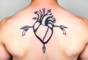 anatomical heart pierced by ornate arrow with flowing ribbons tattoo idea