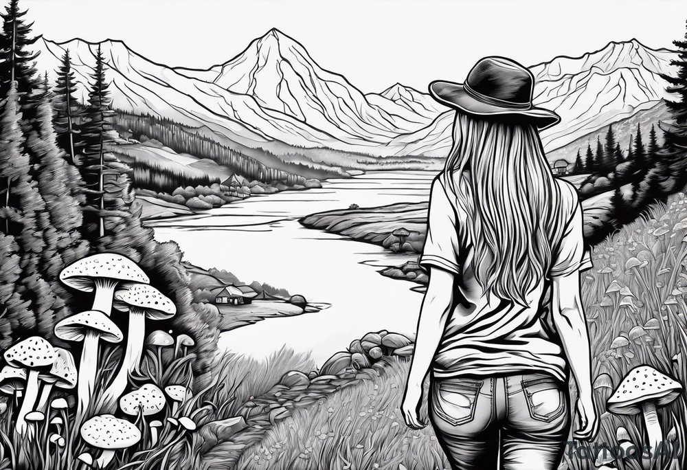 Straight long blonde hair hippie girl in distance holding mushrooms in hand facing away toward mountains and creek surrounded by mushrooms tee shirt and hiking pants tattoo idea