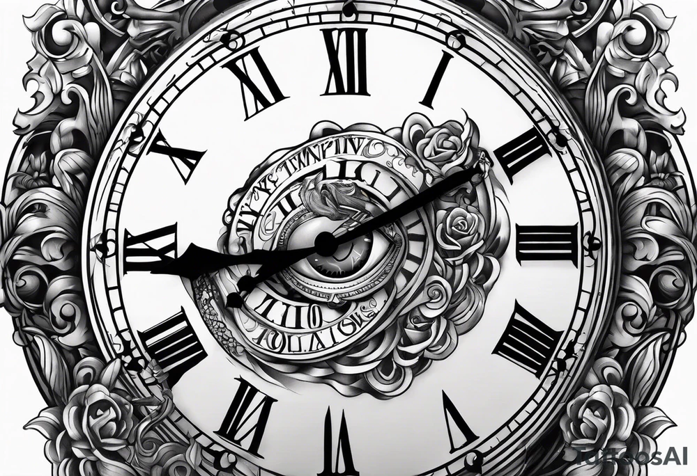 hand holding a clock that says God’s Timing tattoo idea