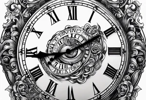 hand holding a clock that says God’s Timing tattoo idea