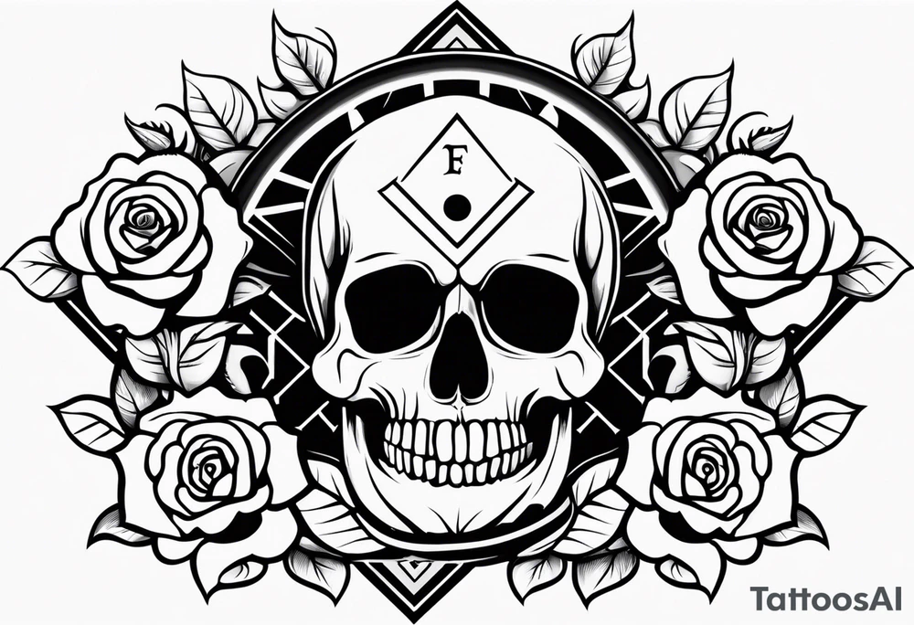 1 skull, 3 roses, metal music motives and a masonic symbol tattoo idea