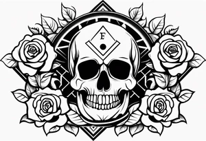 1 skull, 3 roses, metal music motives and a masonic symbol tattoo idea