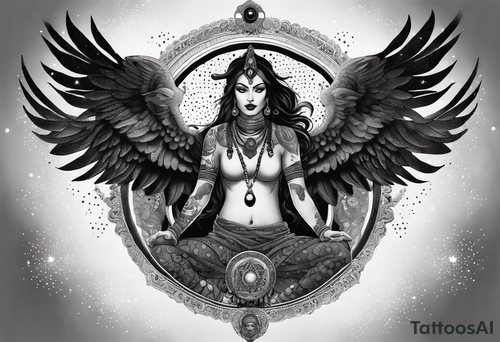 black kali, goddess pirate, alien, angel, pachamama, valkrye, warrior, flying, skull, lotus azul, wing, eagle, zenza resonance, stars, 5D, anahata chakra, death, durga, riding on a tiger, flying lady, kundalini, chest tatoo, samuri, rebel, serpent tattoo idea
