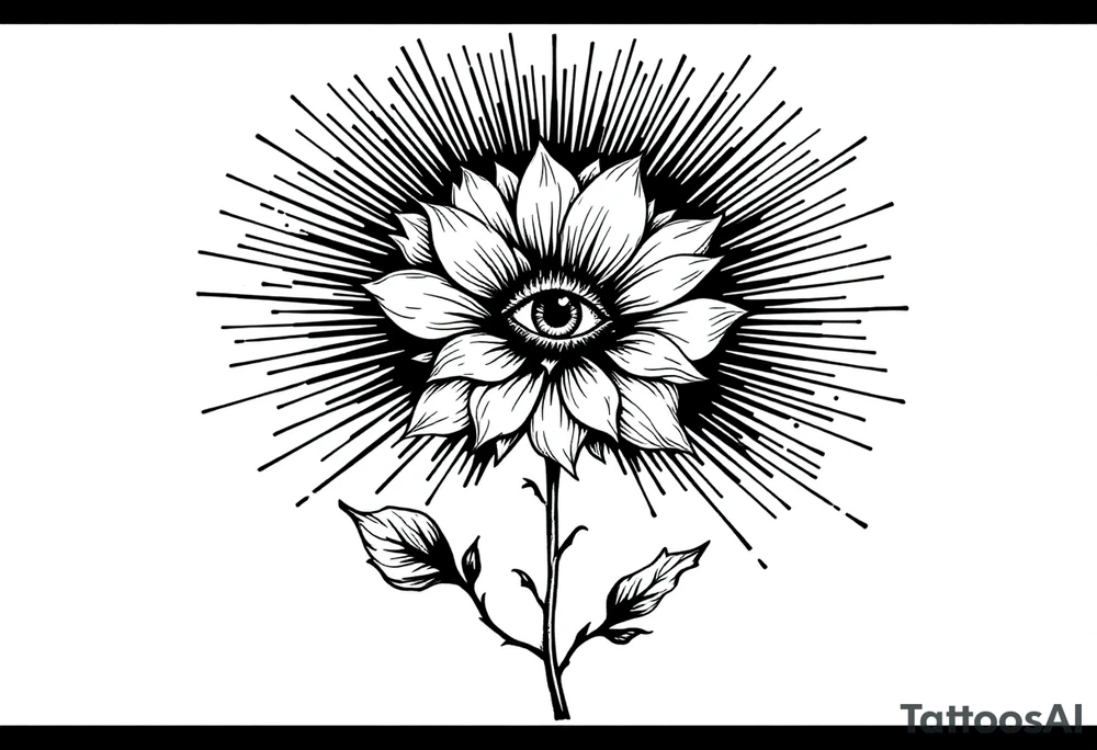 A long flower with stalk and leaves and with the centre being an eye and around the petals having black sunrays tattoo idea