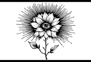 A long flower with stalk and leaves and with the centre being an eye and around the petals having black sunrays tattoo idea