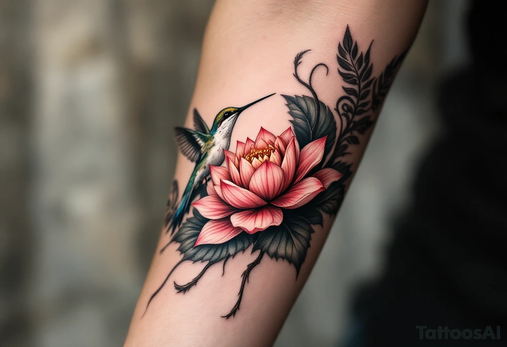 hummingbird drinking lotus flower, egyptian theme. Red and black colors only tattoo idea