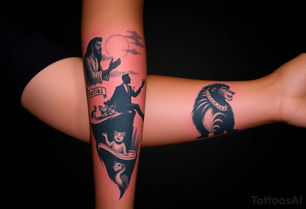 Sleeve tatoo; 
Top of the Shoulder (Crown Area):
* Mufasa in the clouds, majestic and wise, watching over everything below. Use soft shading and glowing edges to symbolize his spiritual presence.
Upper Arm (Bicep):
* Rafiki holding baby Simba up on Pride Rock. This can be the emotional centerpiece. Include sun rays breaking through clouds to give it a divine feel.
Mid Arm (Outer Bicep/Tricep):
* Scar lurking in the shadows with the three hyenas (Shenzi, Banzai, and Ed) around him, showing contrast between good and evil.
* Let the shading here be darker and more dramatic.
Inner Arm (Bicep):
* Timon and Pumbaa dancing or lounging, maybe with a small “Hakuna Matata” banner swirling above them. Their playfulness adds lightness and humor.
Forearm (Outer):
* Adult Simba and Nala side by side, looking into the distance, symbolizing growth, strength, and love.
* Behind them, a silhouette of the jungle or Pride Rock at sunset.
Forearm (Inner):
* Zazu flying mid-flight, trailing a scroll or message banner, maybe with a meaningful quote from the movie like: "Remember who you are."
Wrist/Wrap Around:
* Pawprints going around your wrist, fading out like Simba’s journey.
* Maybe a small Rafiki-drawn version of Simba’s symbol from the cave. tattoo idea