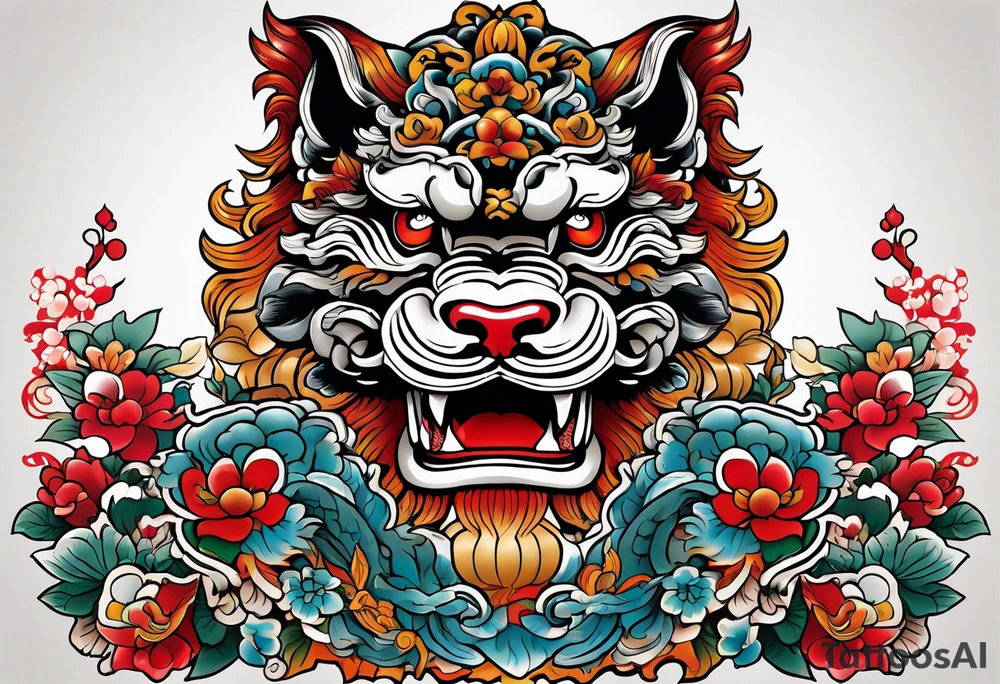 Pair of Okinawa shisa on chest. 1980s Yakuza style. Simple tattoo idea