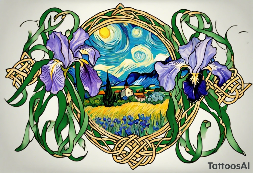 Create a colorful Vincent van Gogh's Irises tattoo, with vines in Celtic knots gracefully holding mountains in a wreath. The intended placement is on the upper chest. The overall design should be small in size while maintaining a delicate and artistic aesthetic. Pay attention to the graceful flow of the vines and the placement of the irises to achieve a refined and elegant look. tattoo idea