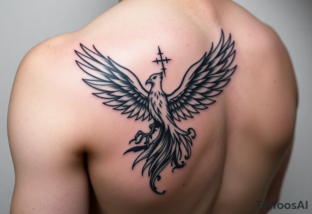 Side arm tattoo with the phoenix rising from the ashes linked with libra sign and based on discipline and the help of God.Geometric and abstract style tattoo idea