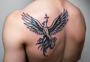 Side arm tattoo with the phoenix rising from the ashes linked with libra sign and based on discipline and the help of God.Geometric and abstract style tattoo idea