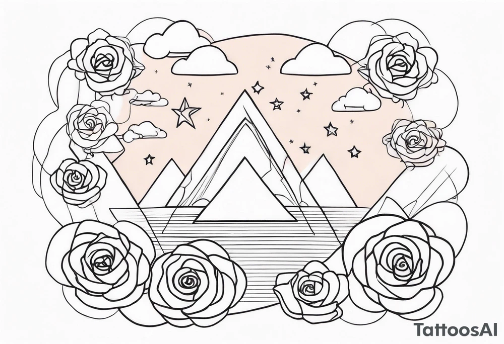 Vertical Clouds with tesseract inside and small roses and stars around it tattoo idea