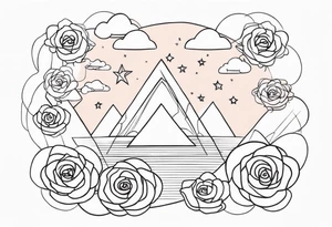 Vertical Clouds with tesseract inside and small roses and stars around it tattoo idea