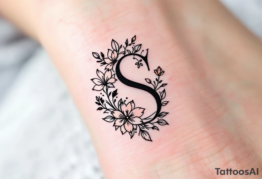 A minimalist black "S" outlined with fine-line flowers in soft pastel tones on finger. tattoo idea