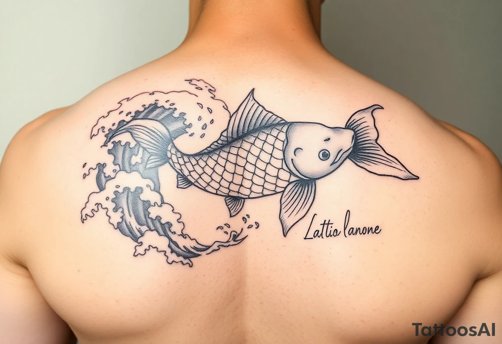 traditional koi fish swimming upstream through turbulent waves tattoo idea