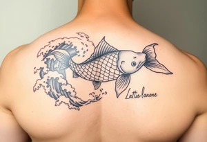 traditional koi fish swimming upstream through turbulent waves tattoo idea