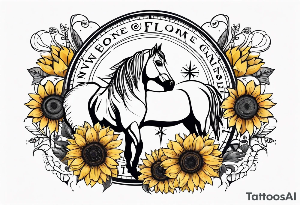 Horse, compass, sunflower tattoo idea