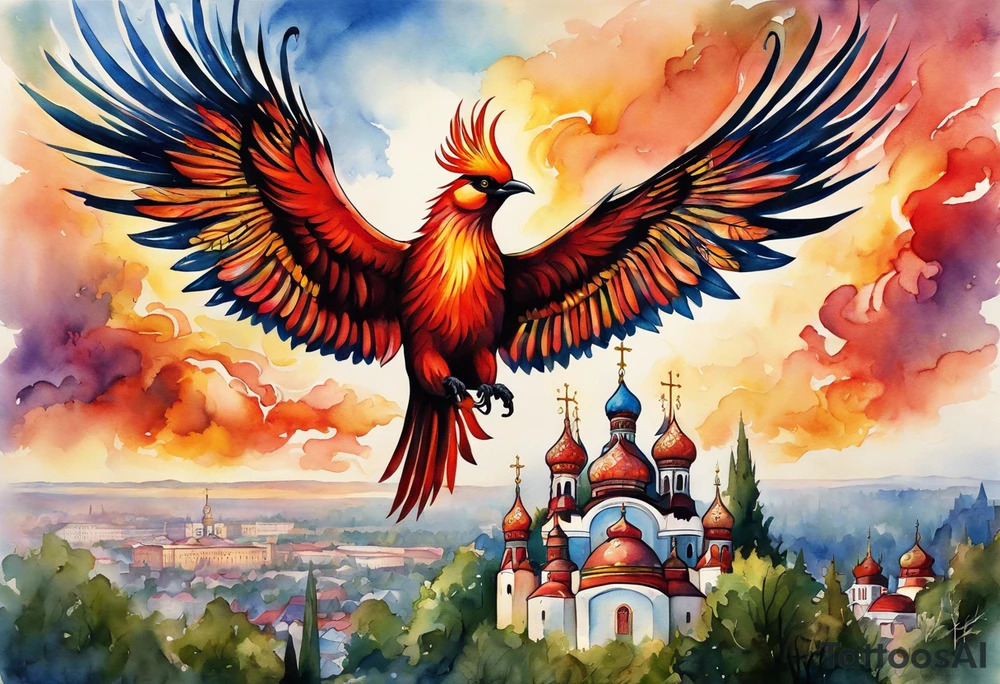 russian firebird in-flight with fancy tail and small onion cap monastery towers in background, incorporate Isaiah 43: 18-19 tattoo idea